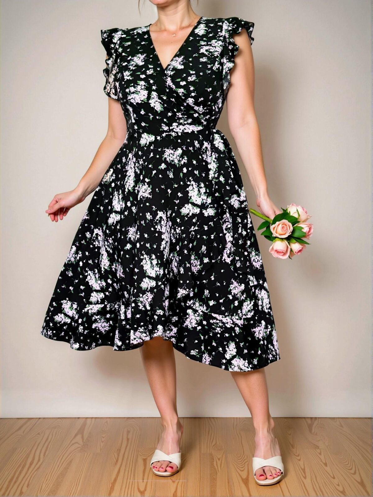 Elegant Black Flounce Sleeve Floral A-Line Dress with Ruffle and Knot Details for Spring and Summer - Chic, Classy and Trendy Fashion Style to Dress to Impress. - Image 5