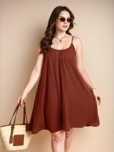 Elegant Brown Spaghetti Strap Loose-Fit Linen Holiday Dress for Summer, Comfortable and Breathable Casual Wear, Chic, Classy and Trendy Fashion Style to Dress to Impress