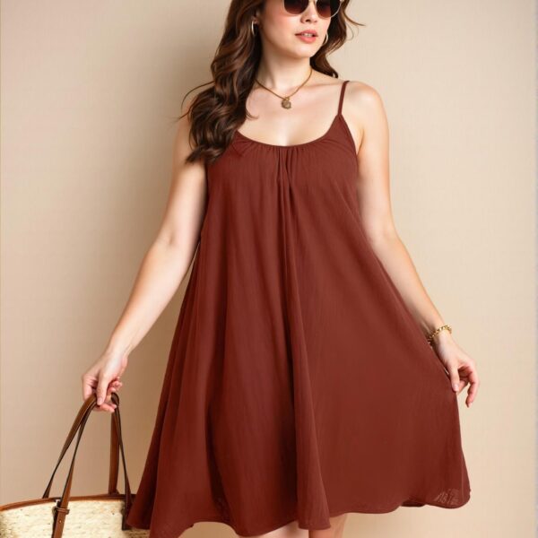 Elegant Brown Spaghetti Strap Loose-Fit Linen Holiday Dress for Summer, Comfortable and Breathable Casual Wear, Chic, Classy and Trendy Fashion Style to Dress to Impress