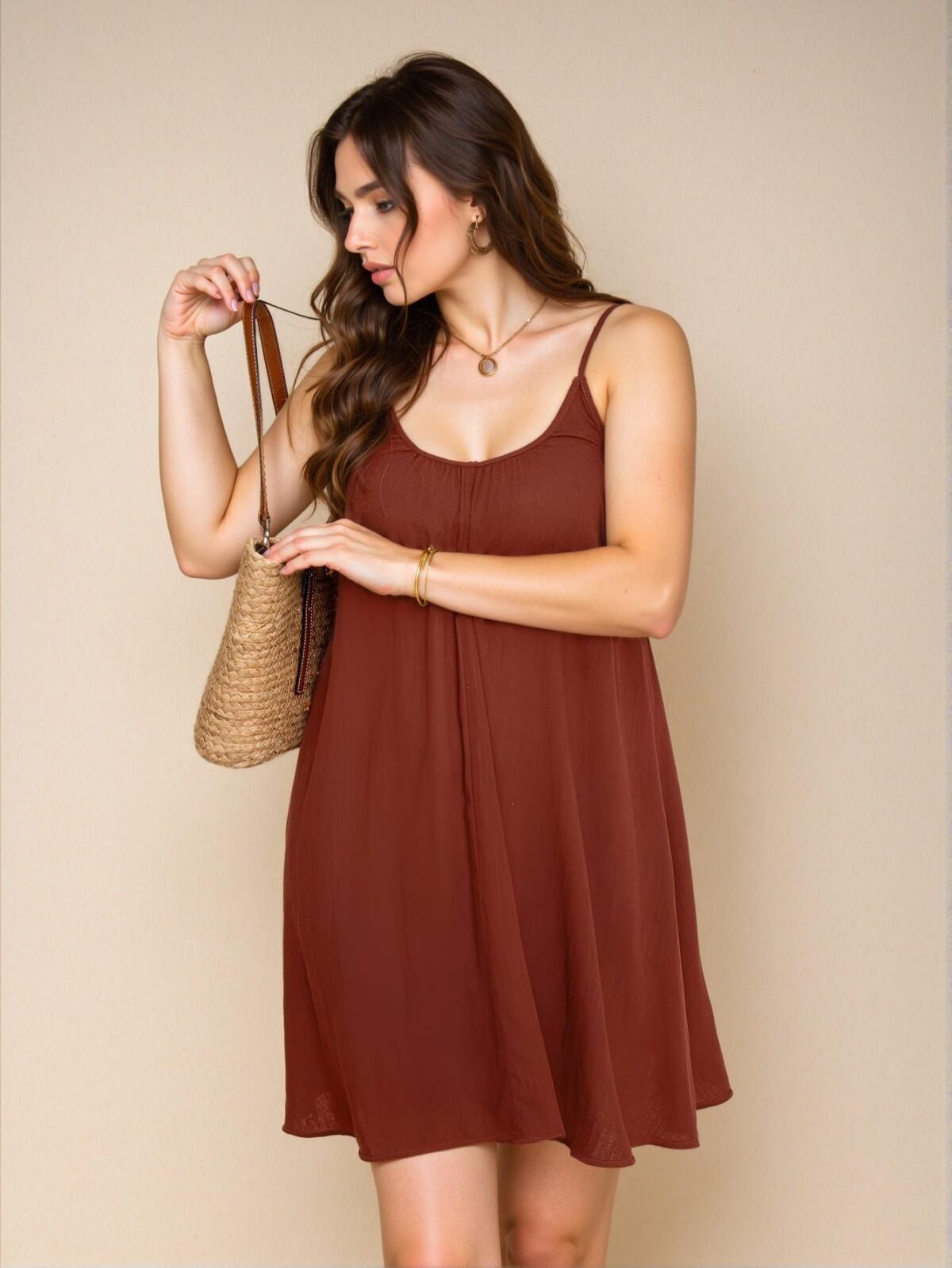 Elegant Brown Spaghetti Strap Loose-Fit Linen Holiday Dress for Summer, Comfortable and Breathable Casual Wear, Chic, Classy and Trendy Fashion Style to Dress to Impress - Image 2