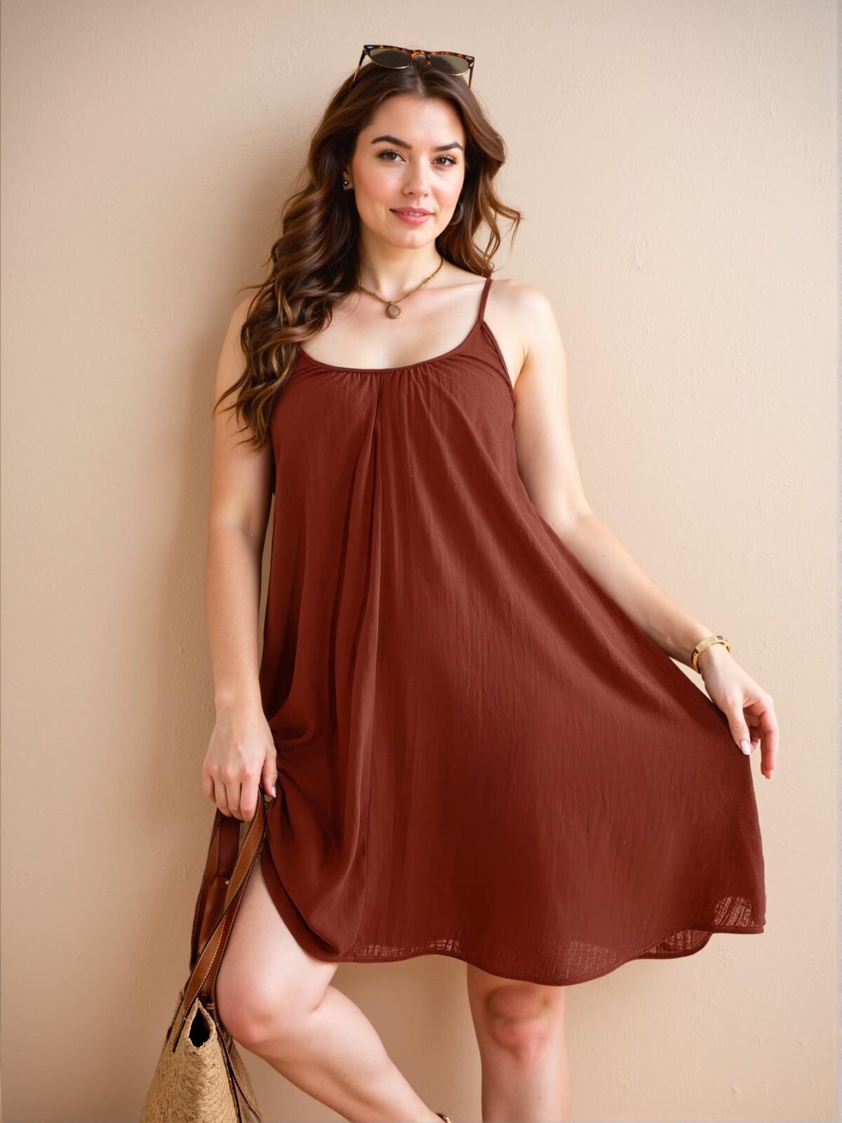 Elegant Brown Spaghetti Strap Loose-Fit Linen Holiday Dress for Summer, Comfortable and Breathable Casual Wear, Chic, Classy and Trendy Fashion Style to Dress to Impress - Image 4