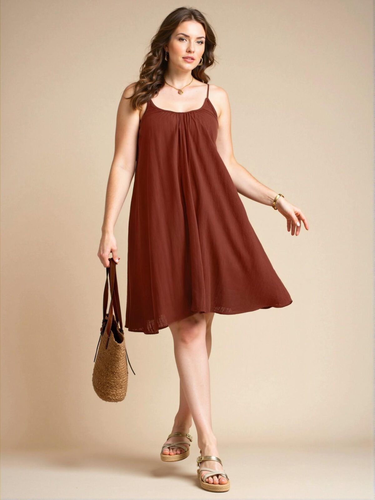 Elegant Brown Spaghetti Strap Loose-Fit Linen Holiday Dress for Summer, Comfortable and Breathable Casual Wear, Chic, Classy and Trendy Fashion Style to Dress to Impress - Image 5