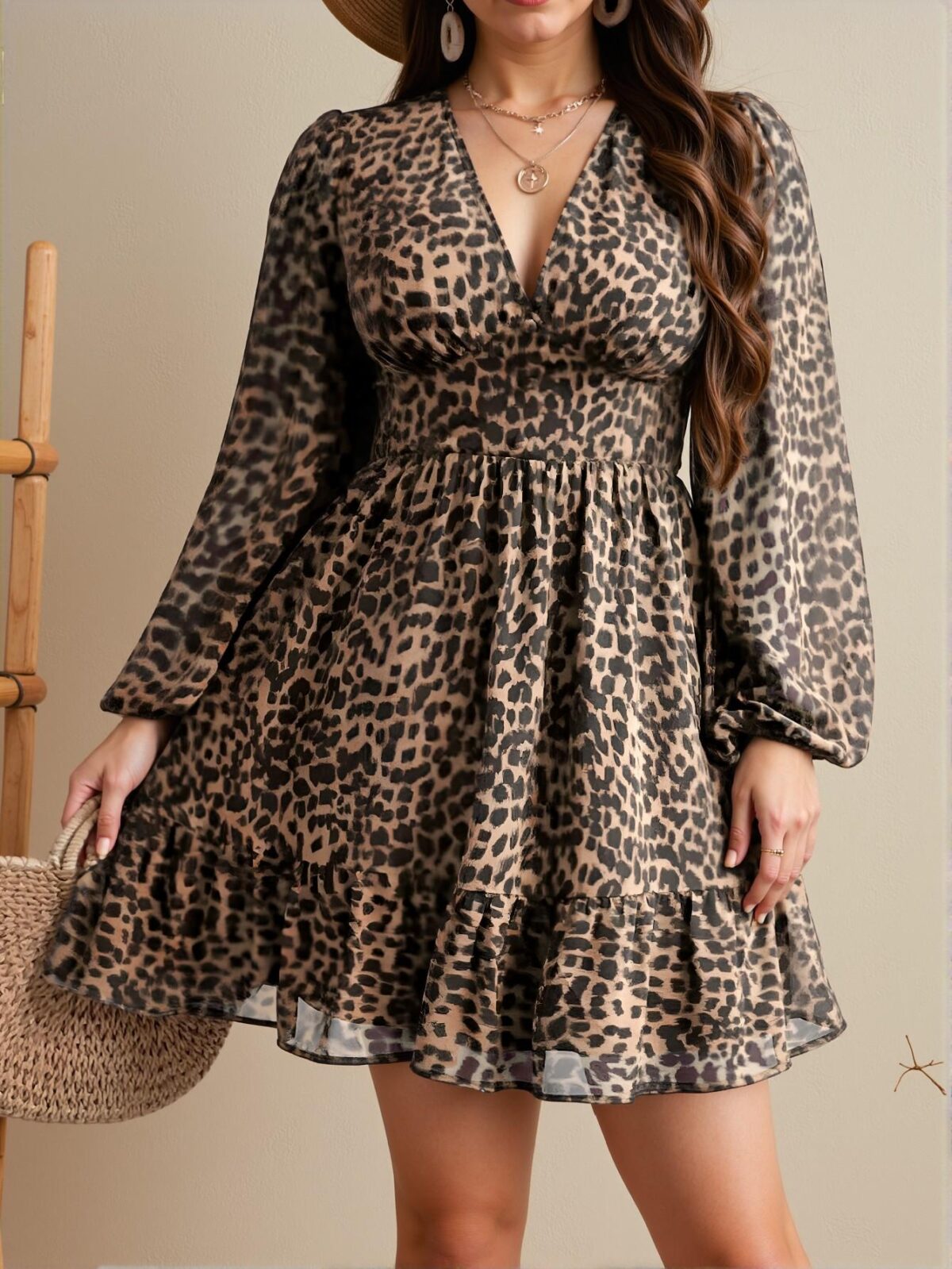 Elegant Khaki Chic Leopard Print Double Layer Chiffon Long Sleeve Dress for Spring and Summer - Chic, Classy and Trendy Fashion Style to Dress to Impress - Image 3