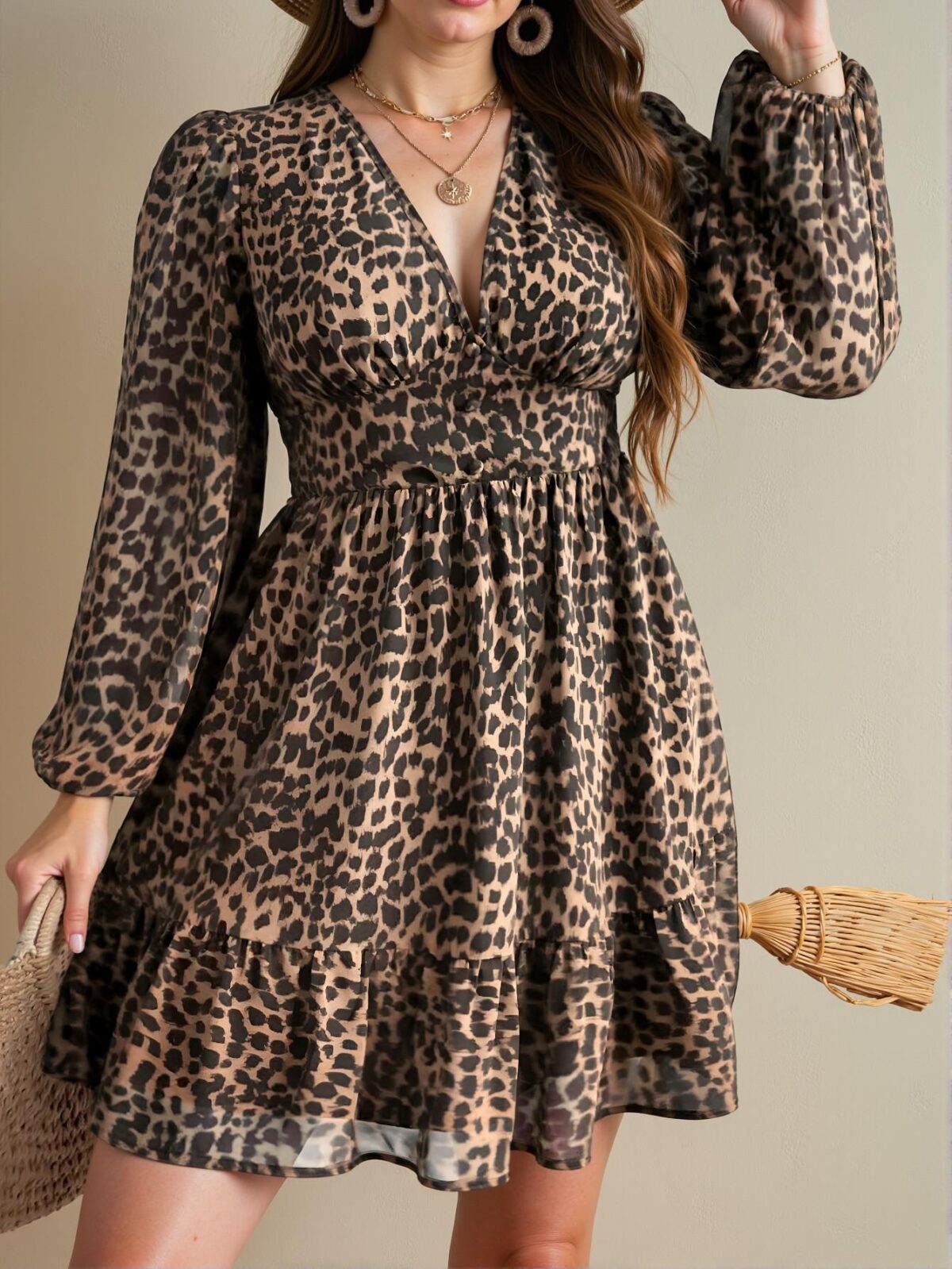 Elegant Khaki Chic Leopard Print Double Layer Chiffon Long Sleeve Dress for Spring and Summer - Chic, Classy and Trendy Fashion Style to Dress to Impress - Image 4