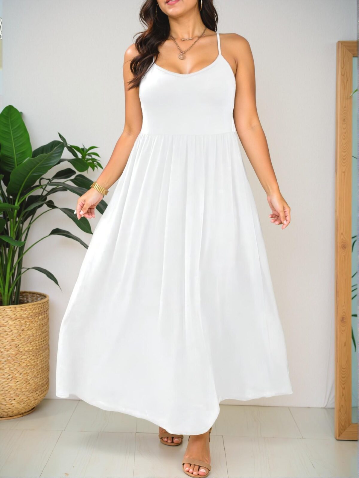 Elegant White Casual Maxi Cami Dress for Spring and Summer - Chic, Classy and Trendy Fashion Style to Dress to Impress - Image 3