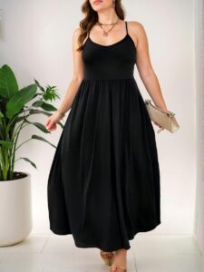 Elegant Black Flared Maxi Dress with Spaghetti Straps and Backless Design for Spring and Summer - Chic, Classy and Trendy Fashion Style to Dress to Impress