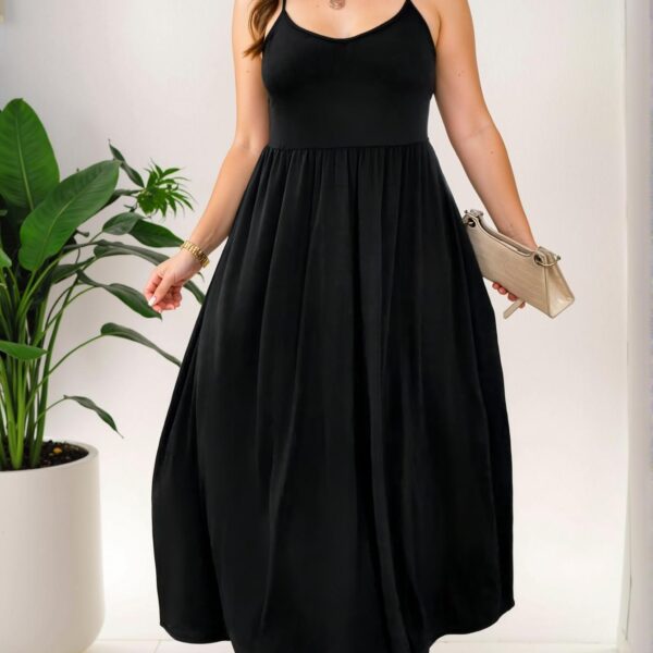 Elegant Black Flared Maxi Dress with Spaghetti Straps and Backless Design for Spring and Summer - Chic, Classy and Trendy Fashion Style to Dress to Impress