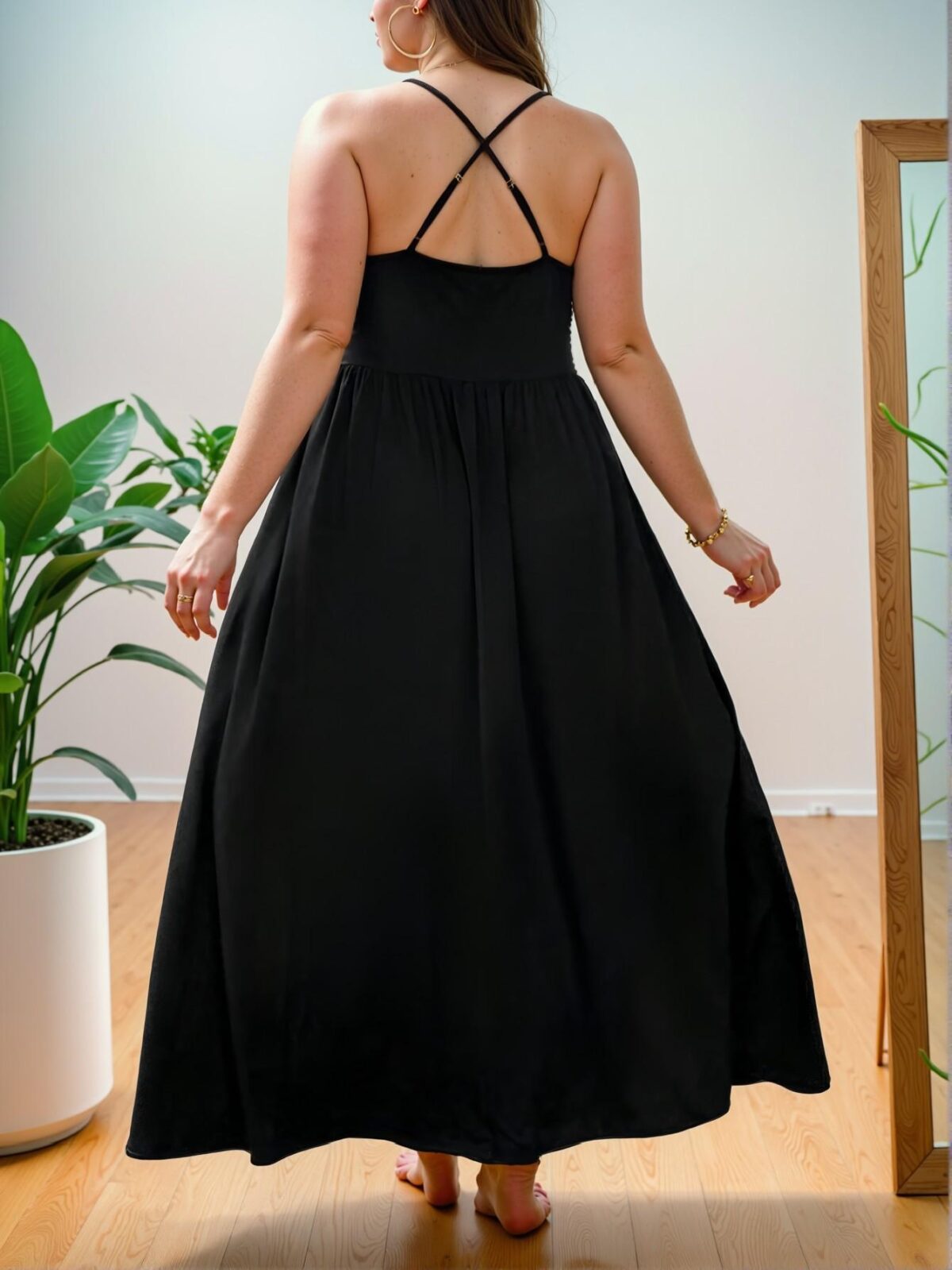 Elegant Black Flared Maxi Dress with Spaghetti Straps and Backless Design for Spring and Summer - Chic, Classy and Trendy Fashion Style to Dress to Impress - Image 2