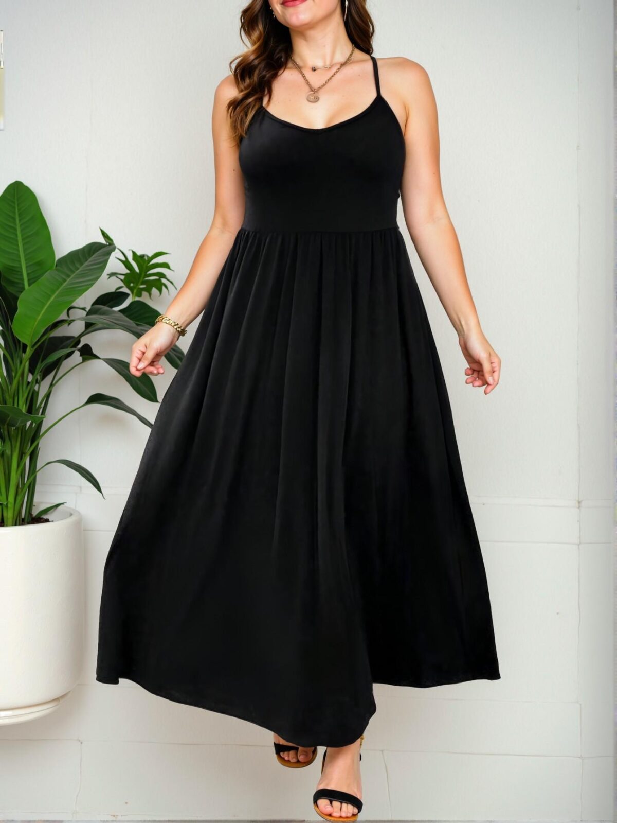 Elegant Black Flared Maxi Dress with Spaghetti Straps and Backless Design for Spring and Summer - Chic, Classy and Trendy Fashion Style to Dress to Impress - Image 4