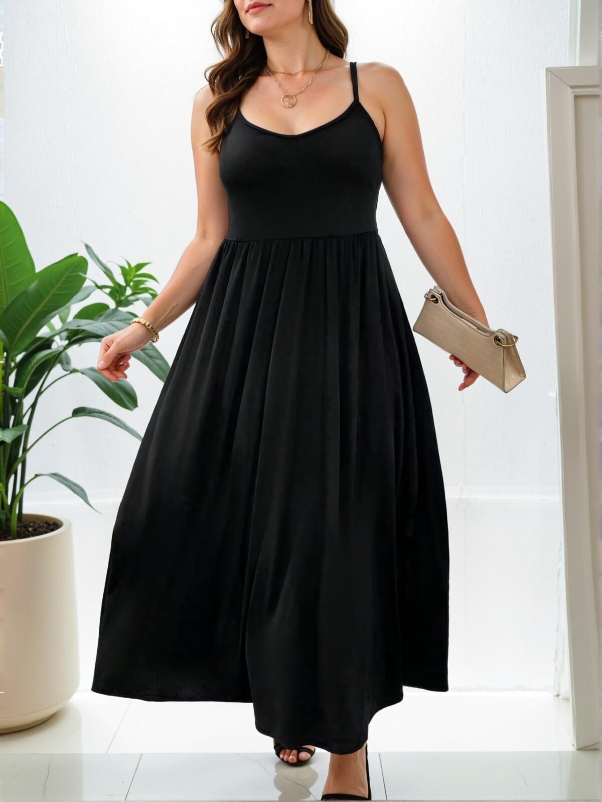 Elegant Black Flared Maxi Dress with Spaghetti Straps and Backless Design for Spring and Summer - Chic, Classy and Trendy Fashion Style to Dress to Impress - Image 5