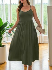 Elegant Army Green Flared A-Line Cami Dress Perfect for Spring and Summer Chic, Classy and Trendy Fashion Style to Dress to Impress