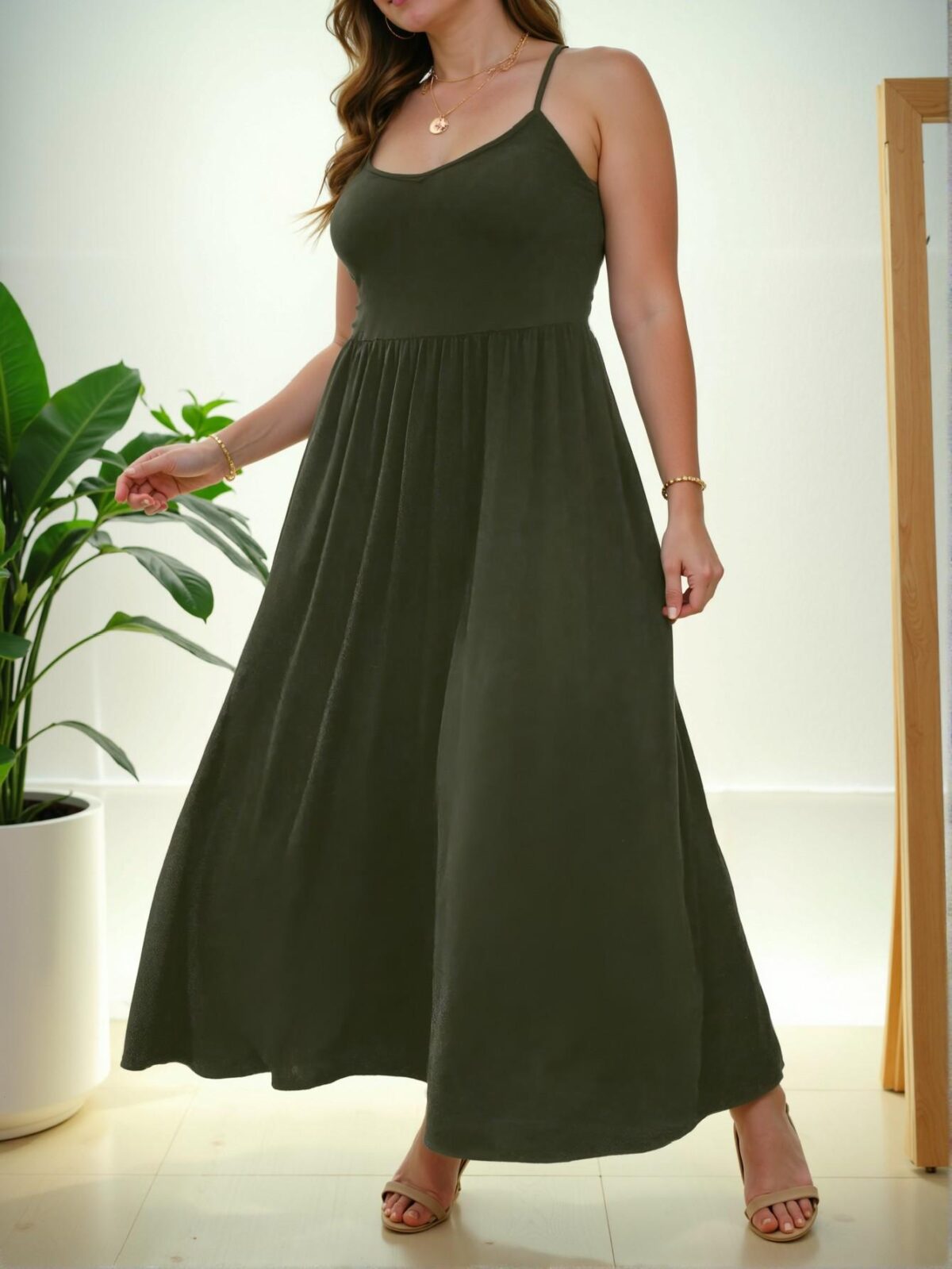 Elegant Army Green Flared A-Line Cami Dress Perfect for Spring and Summer Chic, Classy and Trendy Fashion Style to Dress to Impress - Image 3