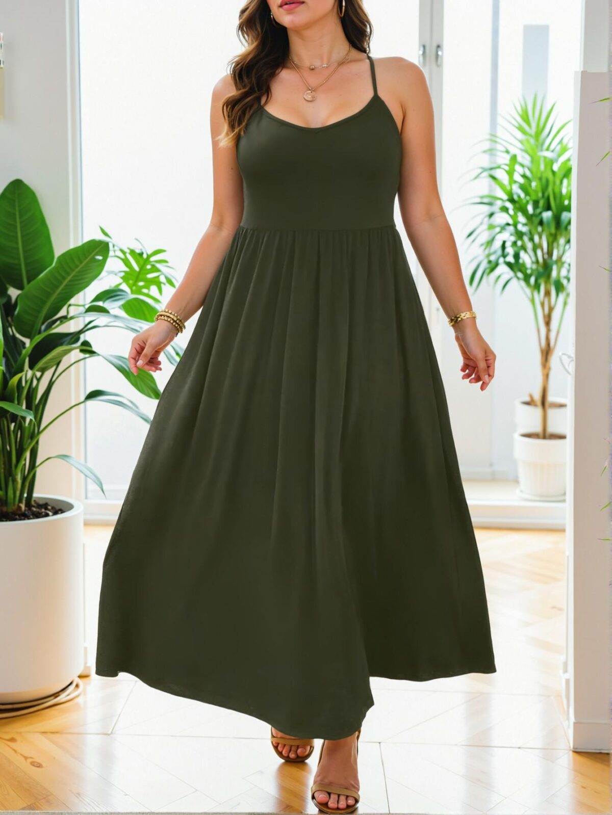 Elegant Army Green Flared A-Line Cami Dress Perfect for Spring and Summer Chic, Classy and Trendy Fashion Style to Dress to Impress - Image 4