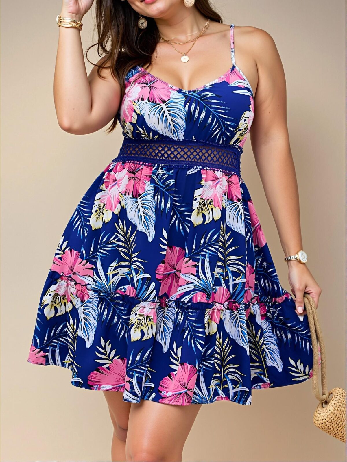 Elegant Royal Blue Flared Cami Dress with Tropical Print and Ruffle Hem for a Stylish Vacation Look – Chic, Classy and Trendy Fashion Style to Dress to Impress
