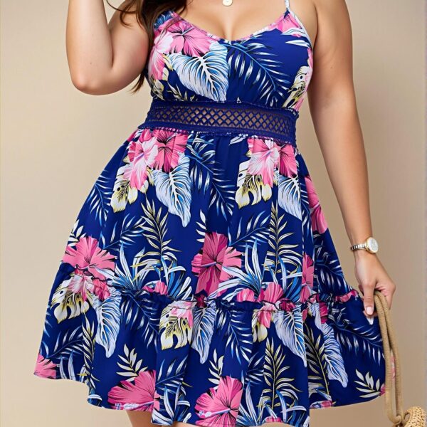 Elegant Royal Blue Flared Cami Dress with Tropical Print and Ruffle Hem for a Stylish Vacation Look – Chic, Classy and Trendy Fashion Style to Dress to Impress