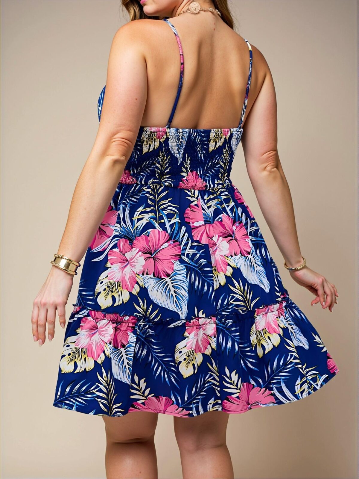Elegant Royal Blue Flared Cami Dress with Tropical Print and Ruffle Hem for a Stylish Vacation Look – Chic, Classy and Trendy Fashion Style to Dress to Impress - Image 2