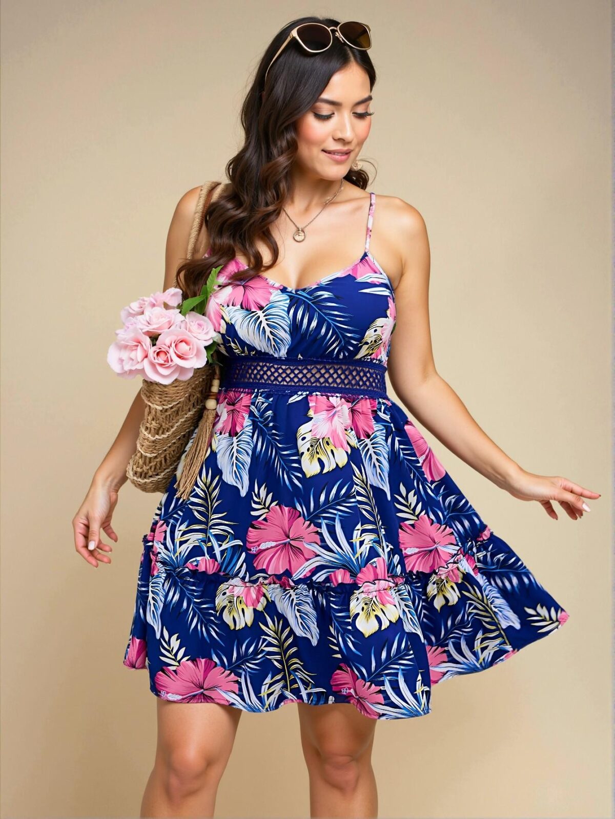 Elegant Royal Blue Flared Cami Dress with Tropical Print and Ruffle Hem for a Stylish Vacation Look – Chic, Classy and Trendy Fashion Style to Dress to Impress - Image 5