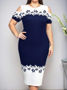 Elegant Navy Blue Floral Printed Cold Shoulder Bodycon Dress for Spring and Summer Chic, Classy and Trendy Fashion Style to Dress to Impress