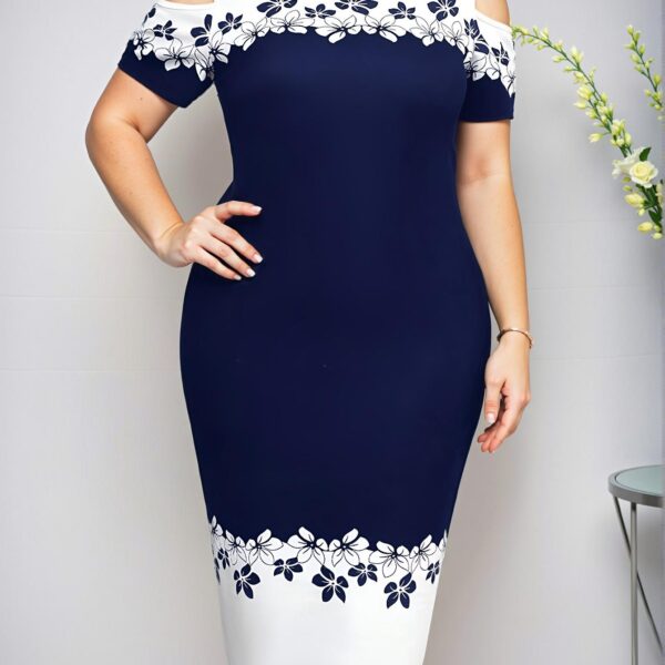 Elegant Navy Blue Floral Printed Cold Shoulder Bodycon Dress for Spring and Summer Chic, Classy and Trendy Fashion Style to Dress to Impress