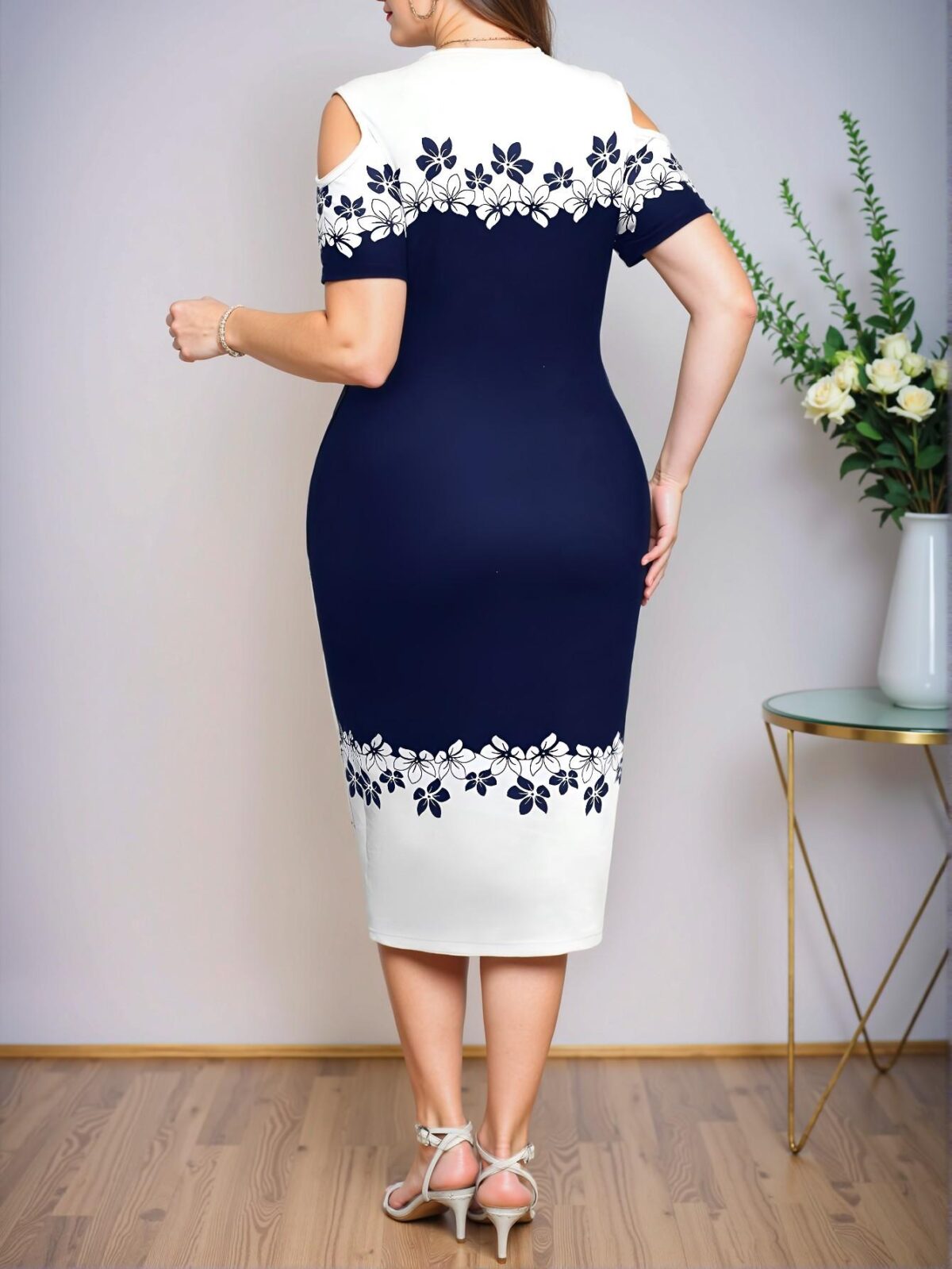 Elegant Navy Blue Floral Printed Cold Shoulder Bodycon Dress for Spring and Summer Chic, Classy and Trendy Fashion Style to Dress to Impress - Image 2