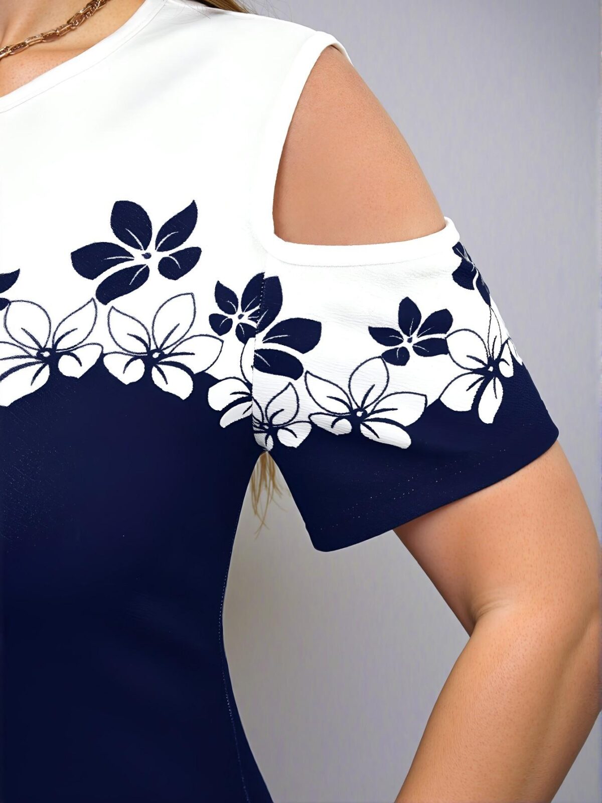 Elegant Navy Blue Floral Printed Cold Shoulder Bodycon Dress for Spring and Summer Chic, Classy and Trendy Fashion Style to Dress to Impress - Image 4