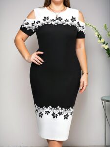 Elegant Black and White Colorblock Cold Shoulder Plus Size Bodycon Dress for Spring and Summer - Chic, Classy and Trendy Fashion Style to Dress to Impress