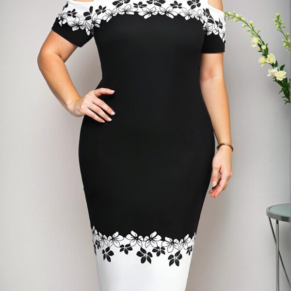 Elegant Black and White Colorblock Cold Shoulder Plus Size Bodycon Dress for Spring and Summer - Chic, Classy and Trendy Fashion Style to Dress to Impress