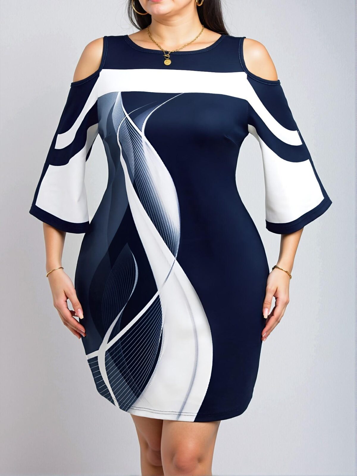 Elegant Navy Blue Stylish Fitted Midi Dress with Color Block and Cut Out Design for Ladies in Spring and Summer - Chic, Classy and Trendy Fashion Style to Dress to Impress