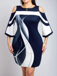 Elegant Navy Blue Stylish Fitted Midi Dress with Color Block and Cut Out Design for Ladies in Spring and Summer - Chic, Classy and Trendy Fashion Style to Dress to Impress