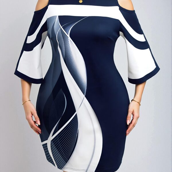 Elegant Navy Blue Stylish Fitted Midi Dress with Color Block and Cut Out Design for Ladies in Spring and Summer - Chic, Classy and Trendy Fashion Style to Dress to Impress