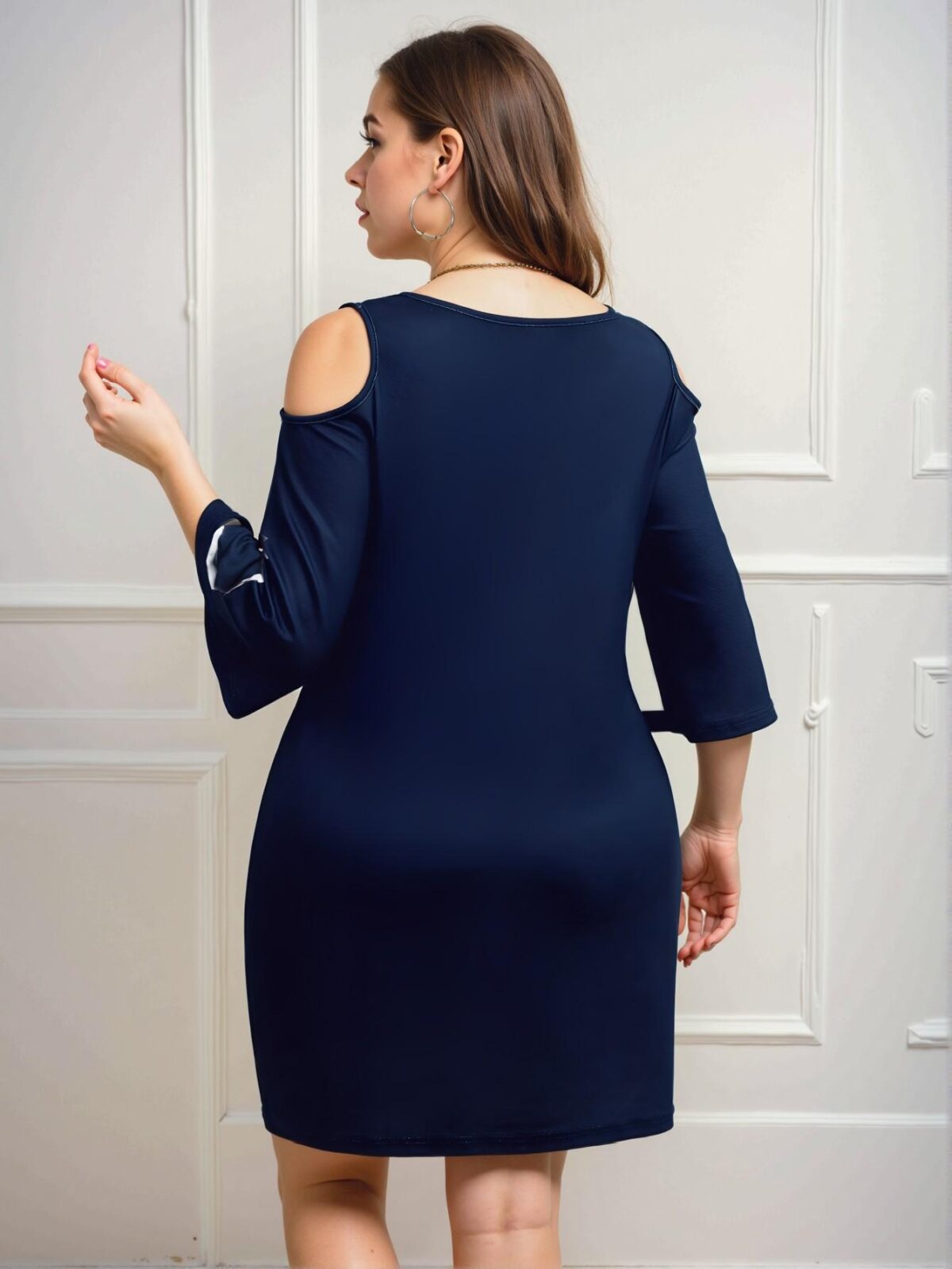 Elegant Navy Blue Stylish Fitted Midi Dress with Color Block and Cut Out Design for Ladies in Spring and Summer - Chic, Classy and Trendy Fashion Style to Dress to Impress - Image 2