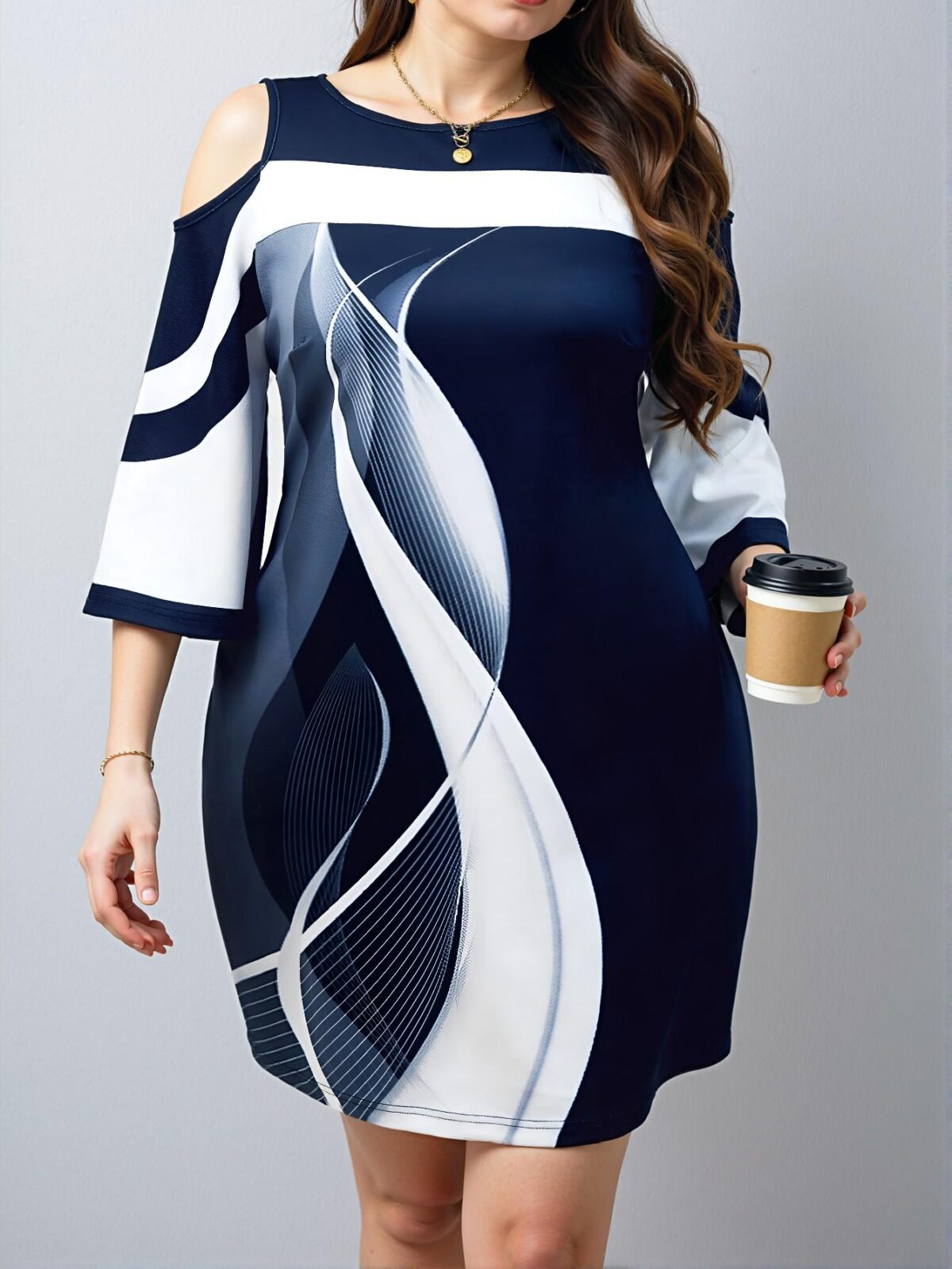 Elegant Navy Blue Stylish Fitted Midi Dress with Color Block and Cut Out Design for Ladies in Spring and Summer - Chic, Classy and Trendy Fashion Style to Dress to Impress - Image 3