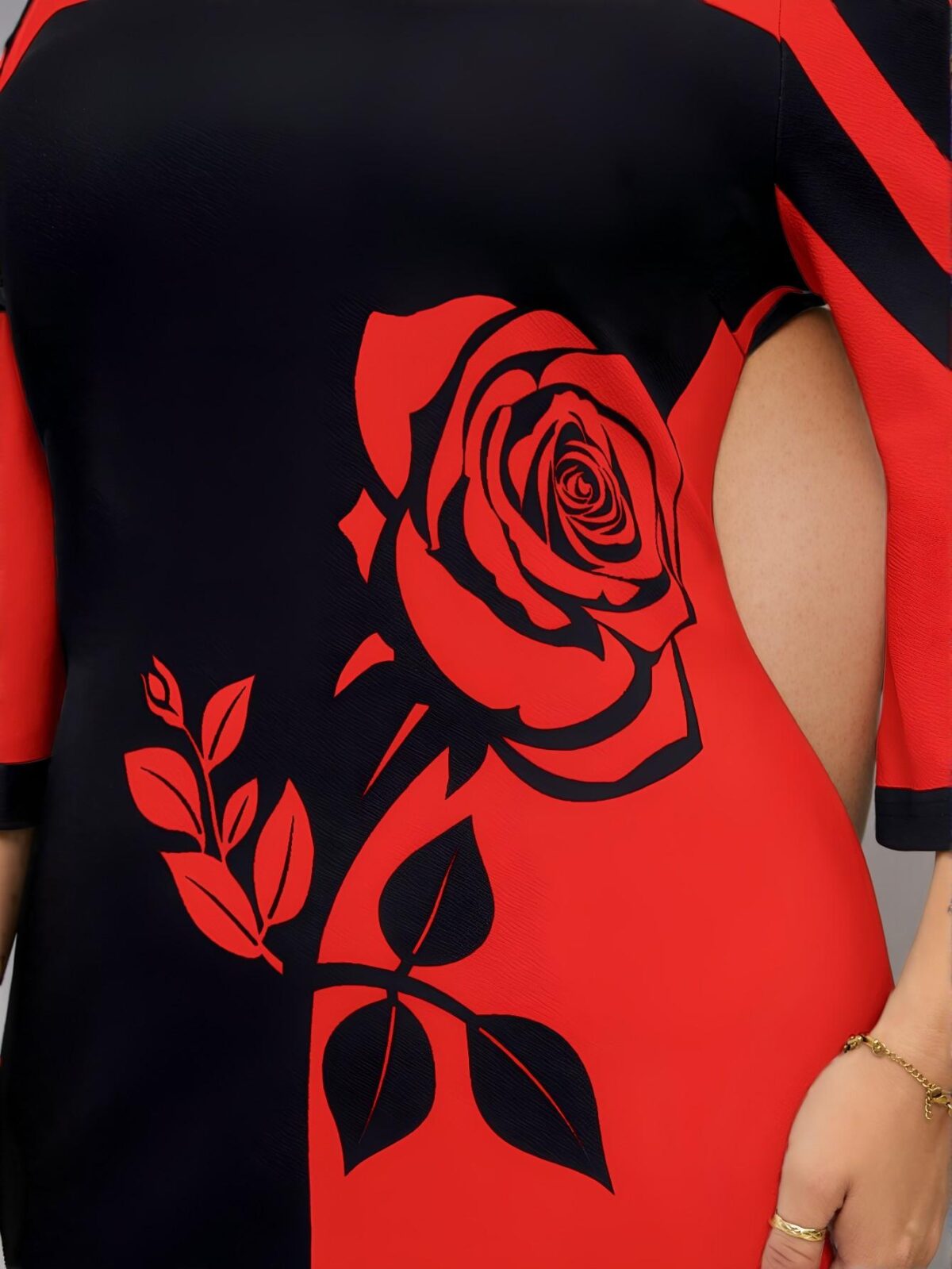 Elegant Red Plus Size V-Neck Short Sleeve Striped & Floral Print Casual Dress for Spring and Summer - Chic, Classy and Trendy Fashion Style to Dress to Impress - Image 4