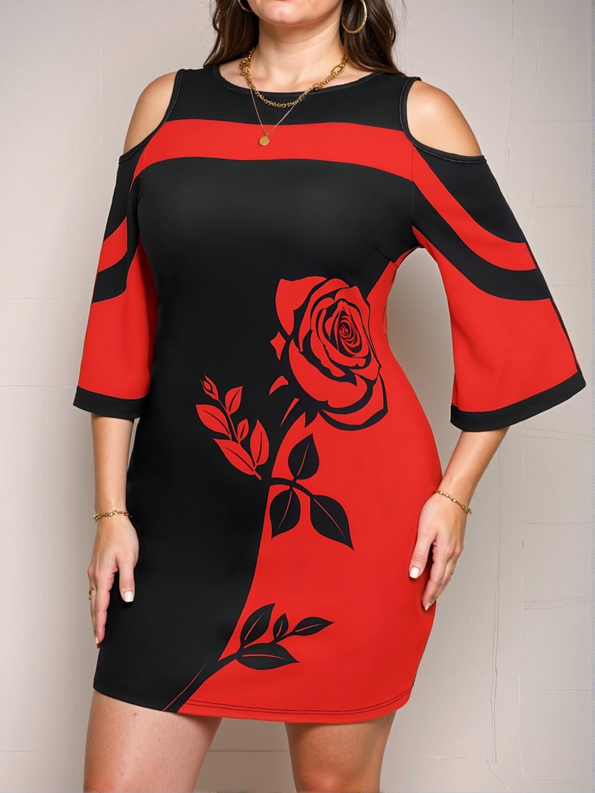 Elegant Red Plus Size V-Neck Short Sleeve Striped & Floral Print Casual Dress for Spring and Summer - Chic, Classy and Trendy Fashion Style to Dress to Impress - Image 5