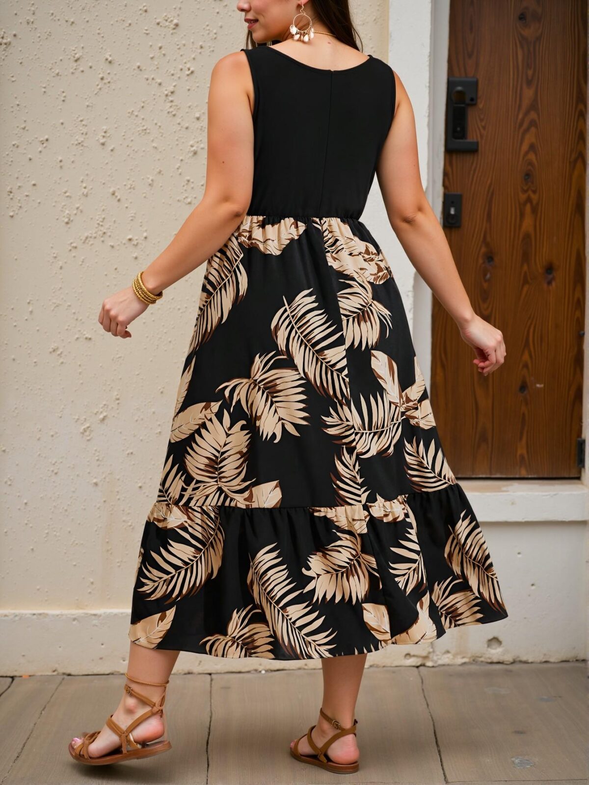 Elegant Black Tropical Leaf Print Sleeveless Bohemian Vacation Dress for Effortless Summer Style - Chic, Classy and Trendy Fashion to Dress to Impress - Image 2