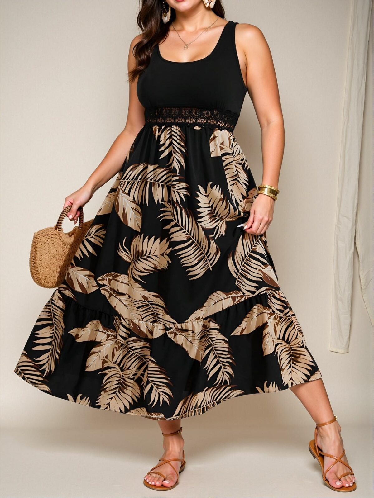 Elegant Black Tropical Leaf Print Sleeveless Bohemian Vacation Dress for Effortless Summer Style - Chic, Classy and Trendy Fashion to Dress to Impress - Image 3