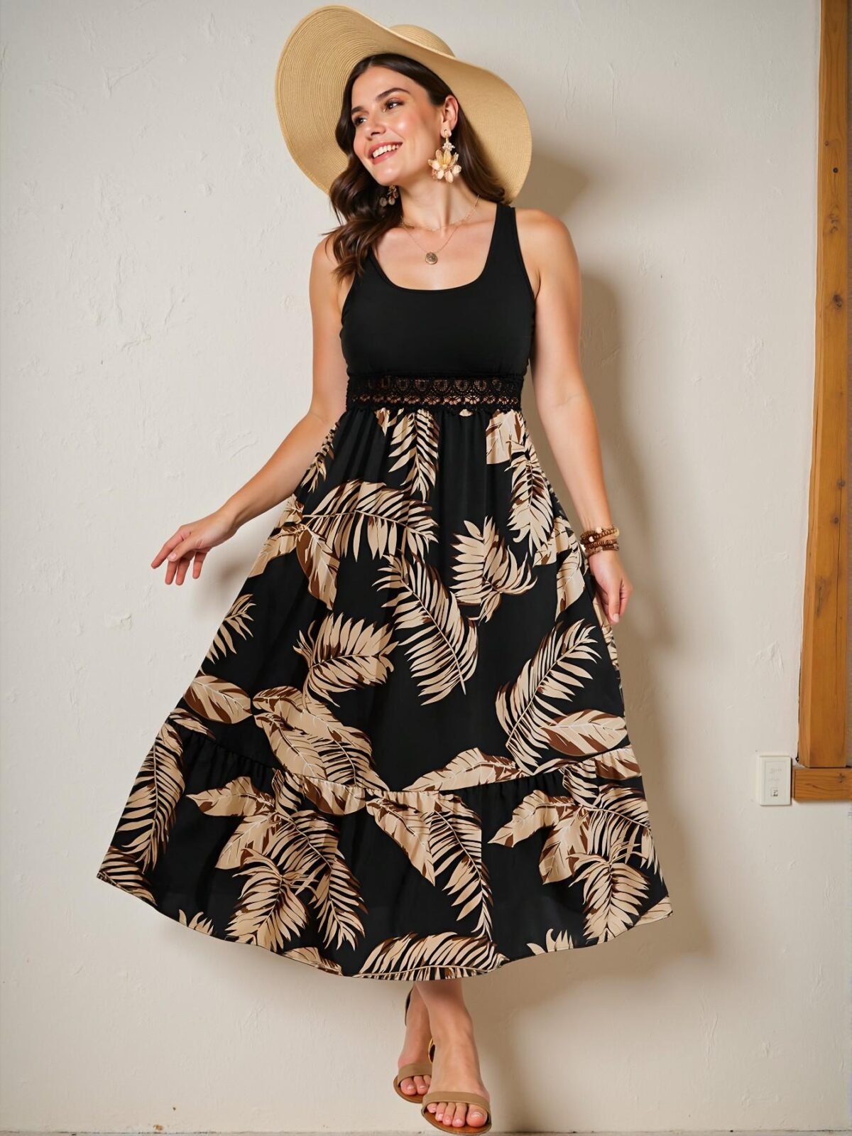 Elegant Black Tropical Leaf Print Sleeveless Bohemian Vacation Dress for Effortless Summer Style - Chic, Classy and Trendy Fashion to Dress to Impress - Image 5