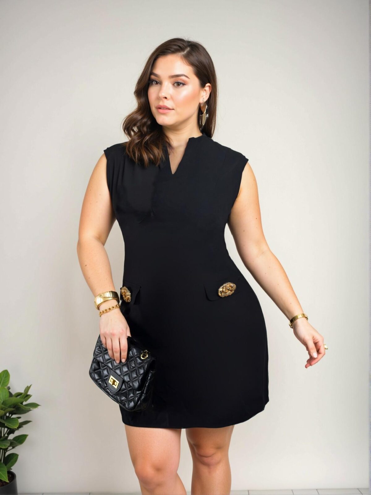 Elegant Black A-Line Minimalist Chic Romantically Ruched Dress with Metal Flower Accents for Office and Casual Wear - Chic, Classy and Trendy Fashion Style to Dress to Impress - Image 4