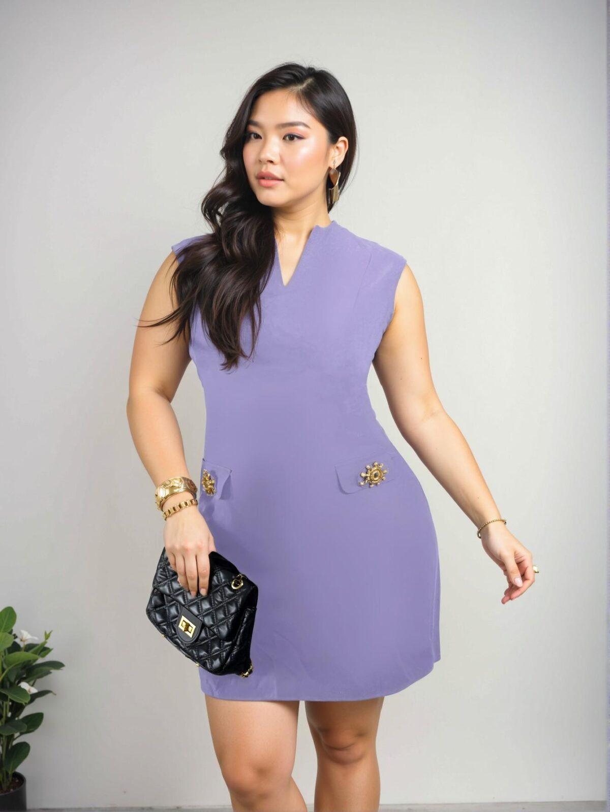 Elegant Mauve Purple A-Line Loose Short Sleeve Dress with V-Neck and Ruched Metal Flower Decor for Office and Casual Wear - Chic, Classy and Trendy Fashion Style to Dress to Impress - Image 4