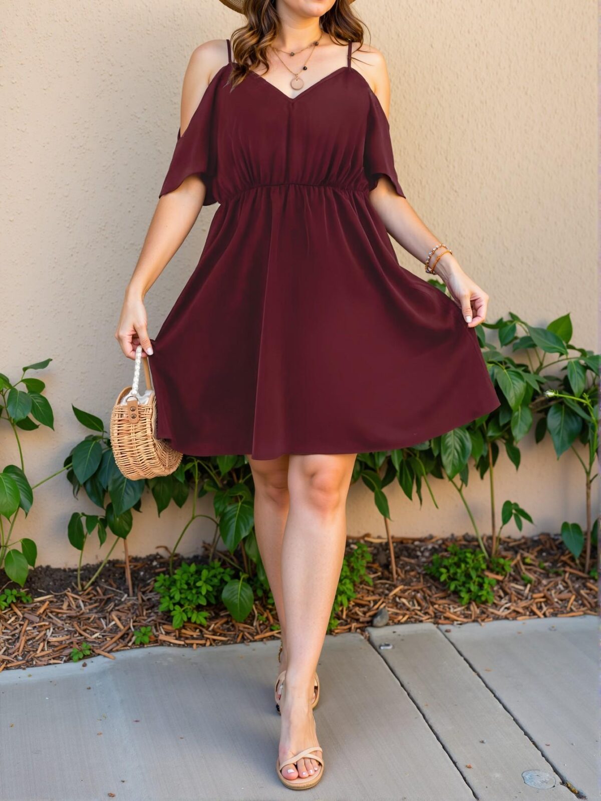 Elegant Burgundy Cold Shoulder Cami Dress Perfect for Spring and Summer "Chic, Classy and Trendy Fashion Style to Dress to Impress" - Image 3