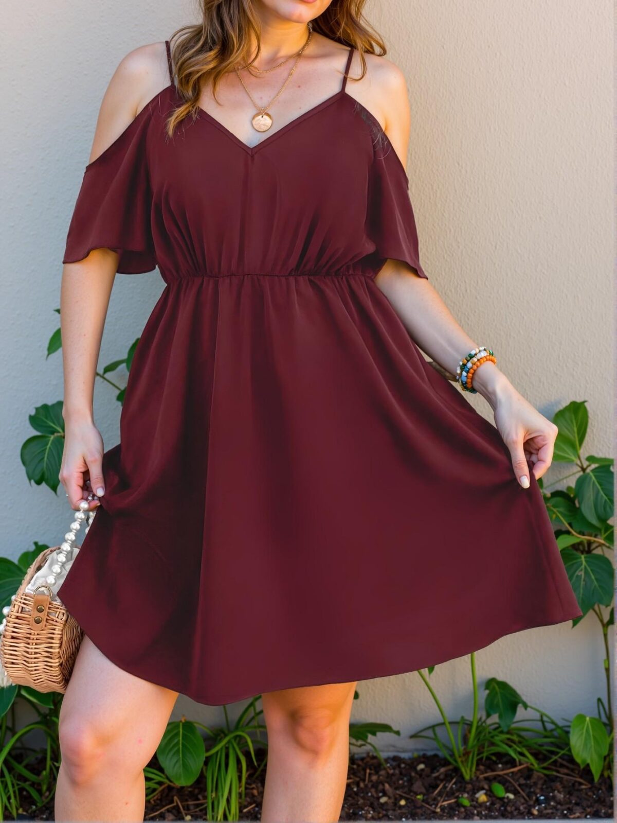 Elegant Burgundy Cold Shoulder Cami Dress Perfect for Spring and Summer "Chic, Classy and Trendy Fashion Style to Dress to Impress" - Image 5