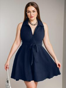 Elegant Navy Blue Casual Sleeveless Belted A-Line Dress Perfect for Spring and Summer "Chic, Classy and Trendy Fashion Style to Dress to Impress"