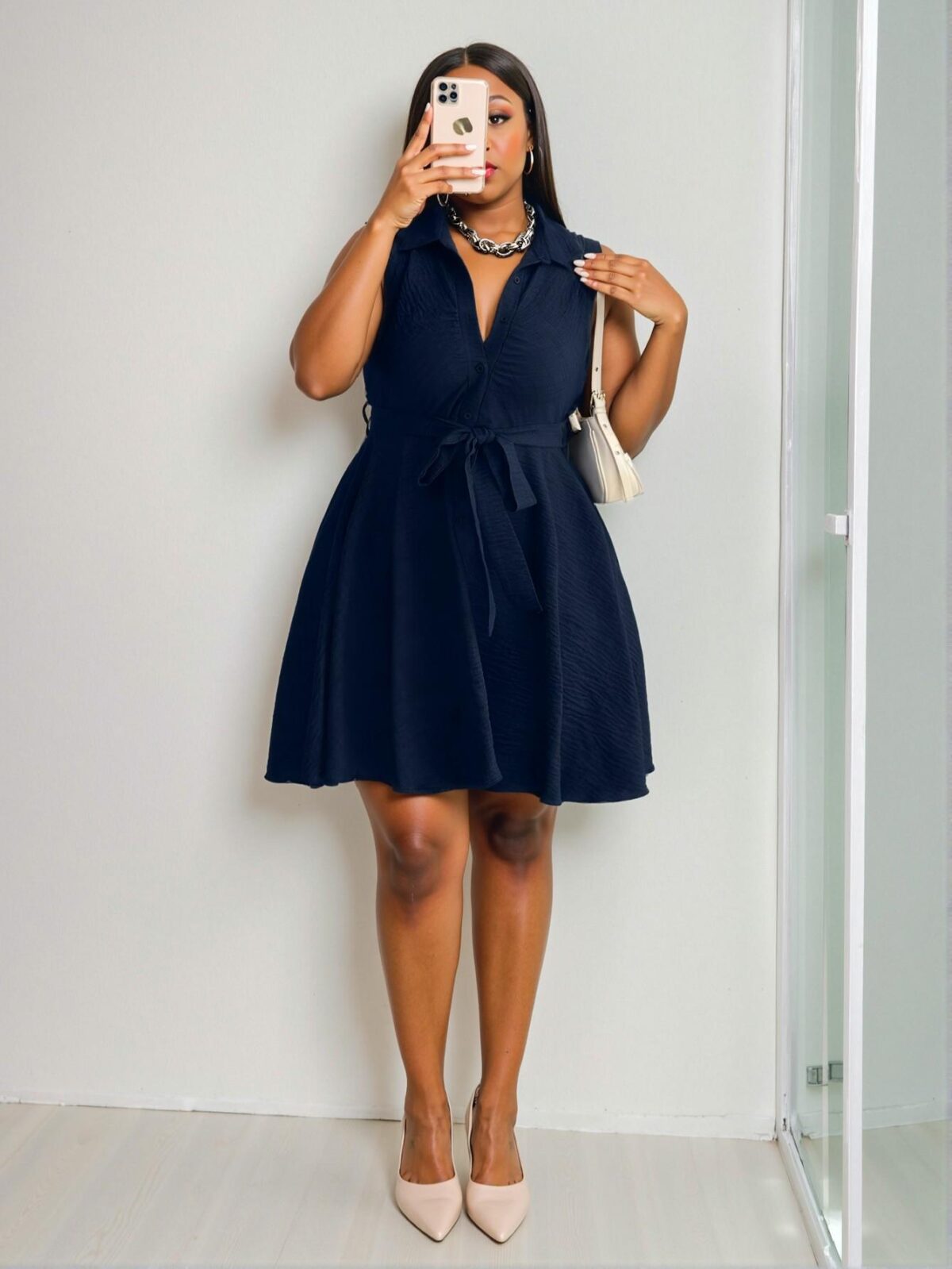 Elegant Navy Blue Casual Sleeveless Belted A-Line Dress Perfect for Spring and Summer "Chic, Classy and Trendy Fashion Style to Dress to Impress" - Image 4