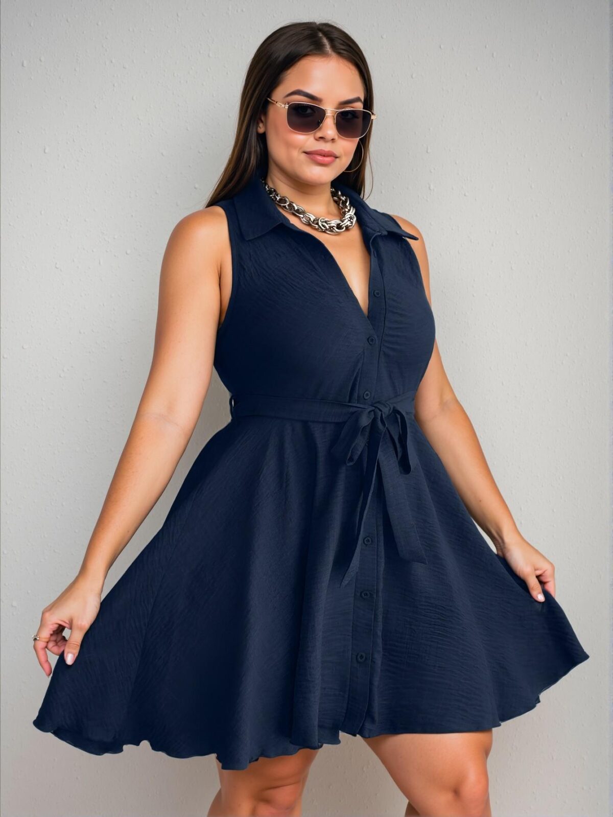 Elegant Navy Blue Casual Sleeveless Belted A-Line Dress Perfect for Spring and Summer "Chic, Classy and Trendy Fashion Style to Dress to Impress" - Image 5