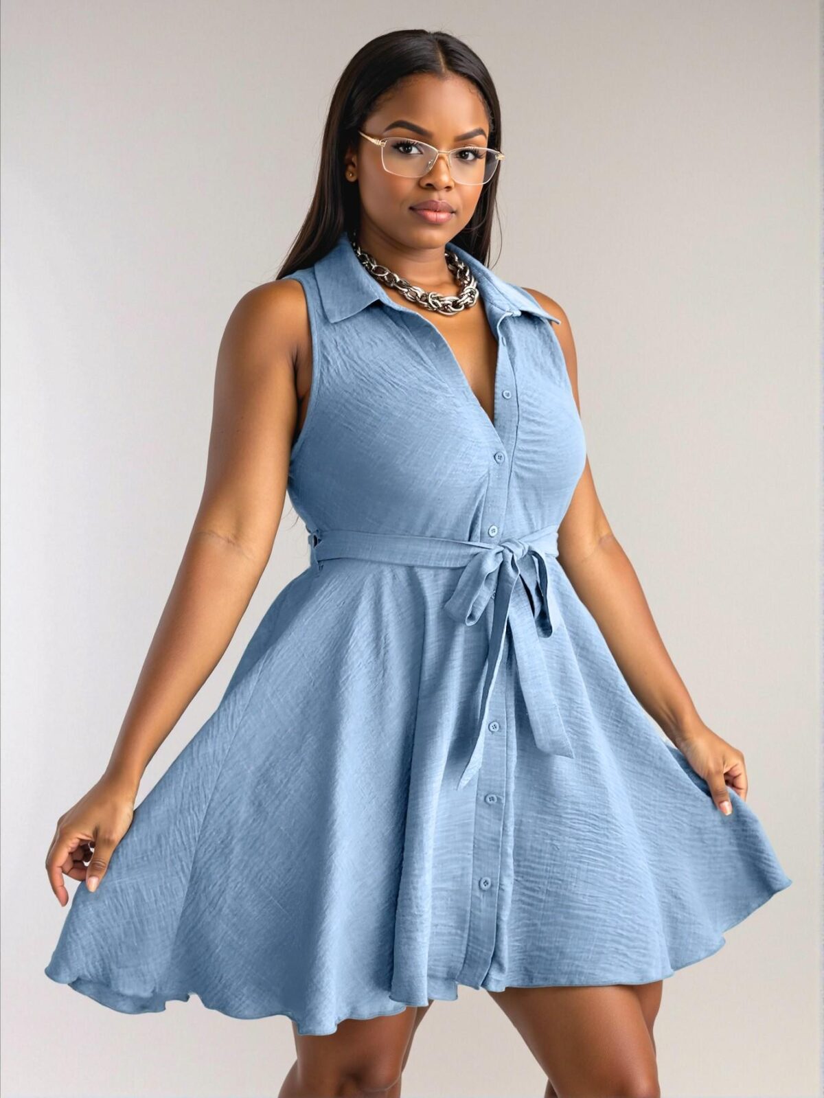 Elegant Baby Blue Chic Single-Breasted Sleeveless Casual A-Line Dress for Spring and Summer - Classy and Trendy Fashion Style to Dress to Impress - Image 4