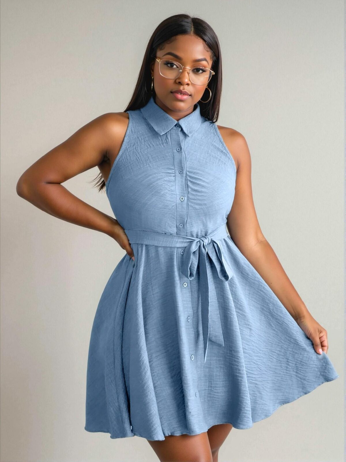 Elegant Baby Blue Chic Single-Breasted Sleeveless Casual A-Line Dress for Spring and Summer - Classy and Trendy Fashion Style to Dress to Impress - Image 5