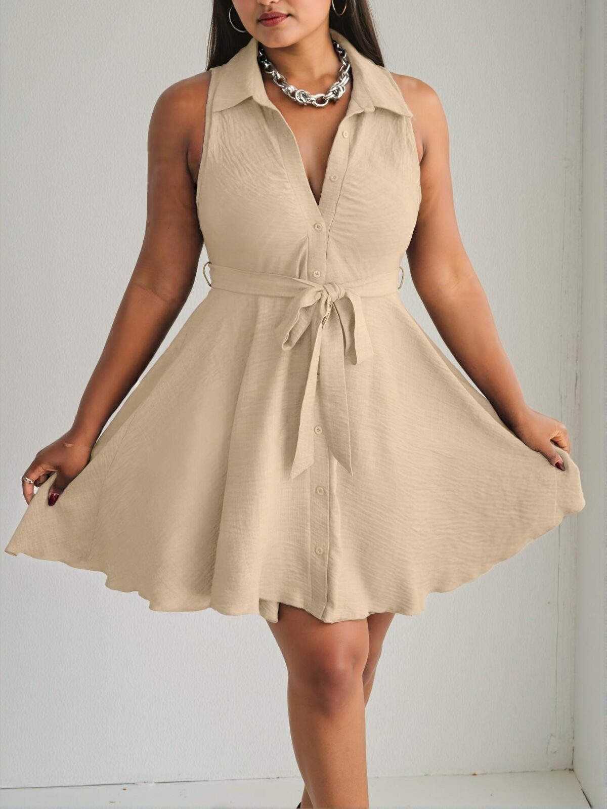 Elegant Khaki Casual Sleeveless A-Line Shirt Dress for Spring and Summer - Chic, Classy and Trendy Fashion Style to Dress to Impress - Image 2
