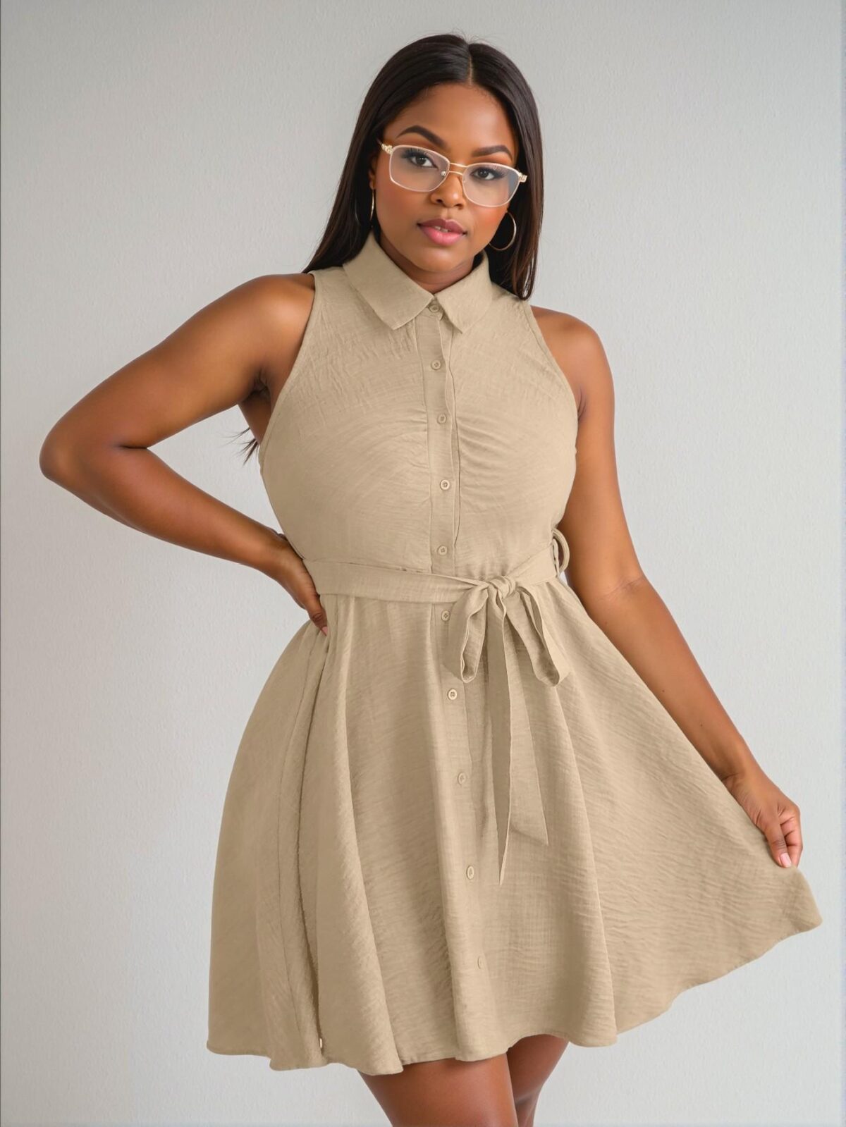 Elegant Khaki Casual Sleeveless A-Line Shirt Dress for Spring and Summer - Chic, Classy and Trendy Fashion Style to Dress to Impress - Image 5