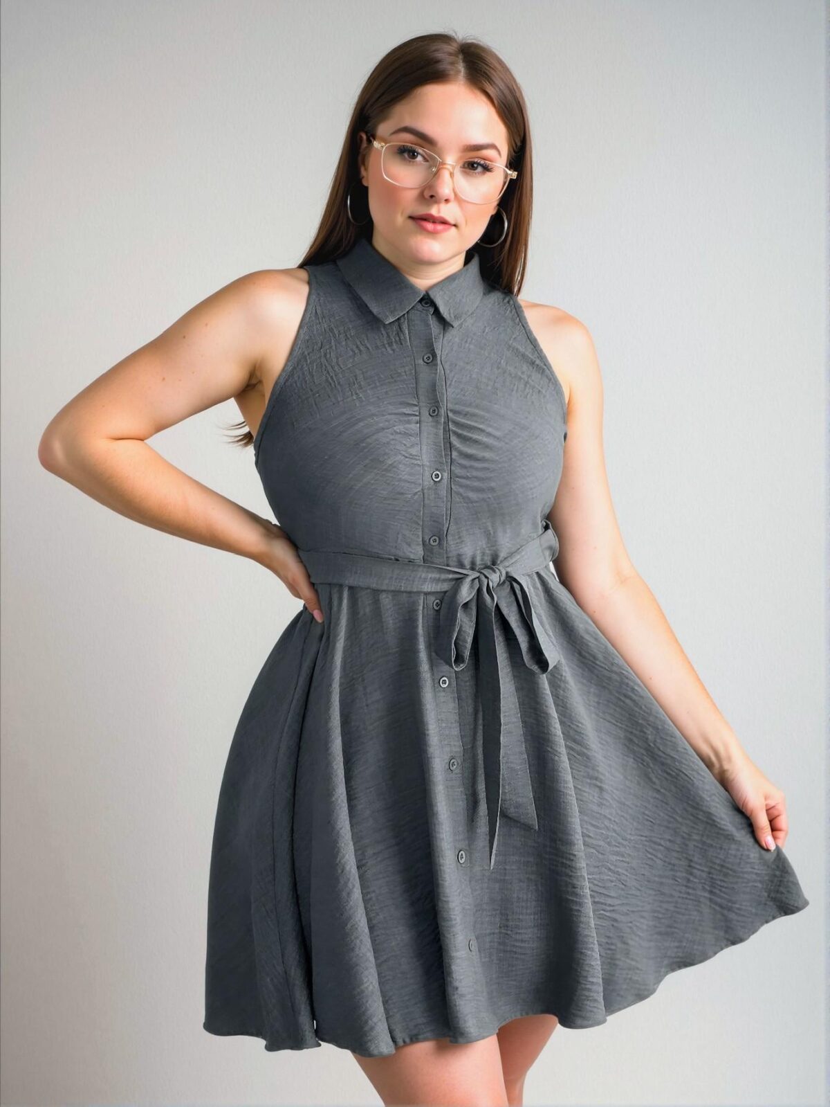 Elegant Grey A-Line Single Breasted Sleeveless Casual Shirt Dress Perfect for Spring and Summer Chic, Classy and Trendy Fashion Style to Dress to Impress - Image 4