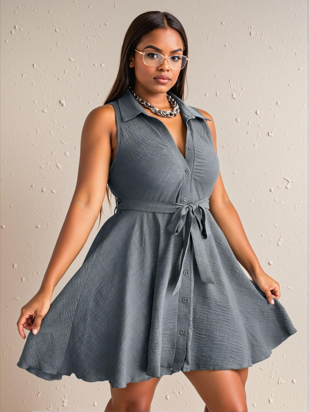 Elegant Grey A-Line Single Breasted Sleeveless Casual Shirt Dress Perfect for Spring and Summer Chic, Classy and Trendy Fashion Style to Dress to Impress - Image 5